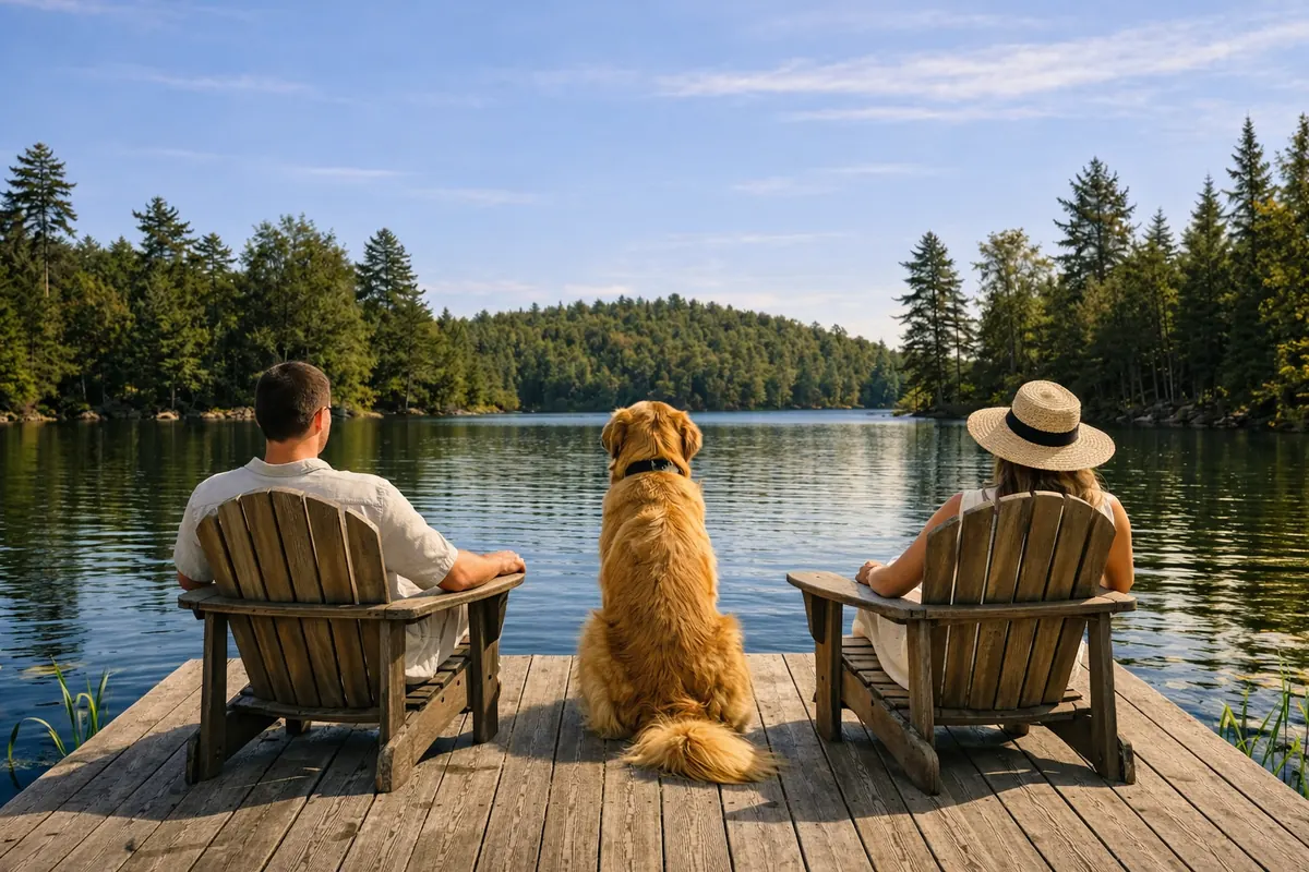 Couple et chien profitant du calme sur un quai au bord du lac