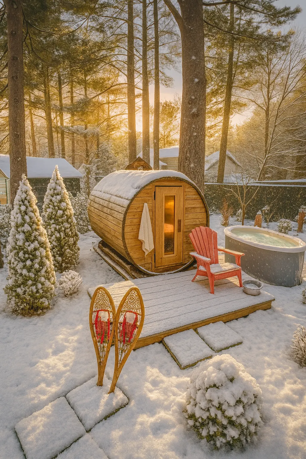 Sauna tonneau et spa sous la neige au soleil couchant